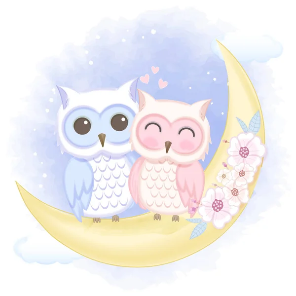 Bonita Pareja Búho Luna Dibujado Mano Dibujos Animados Acuarela Ilustración — Vector de stock