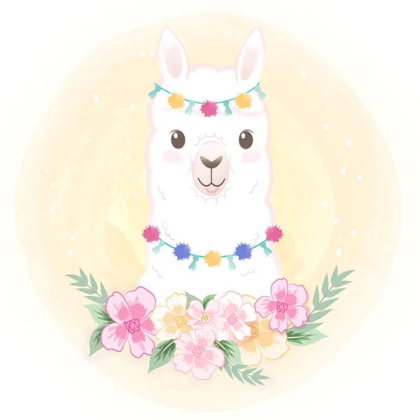 Cute Llama Dengan Tangan Bunga Digambar Kartun Cat Air Ilustrasi - Stok Vektor