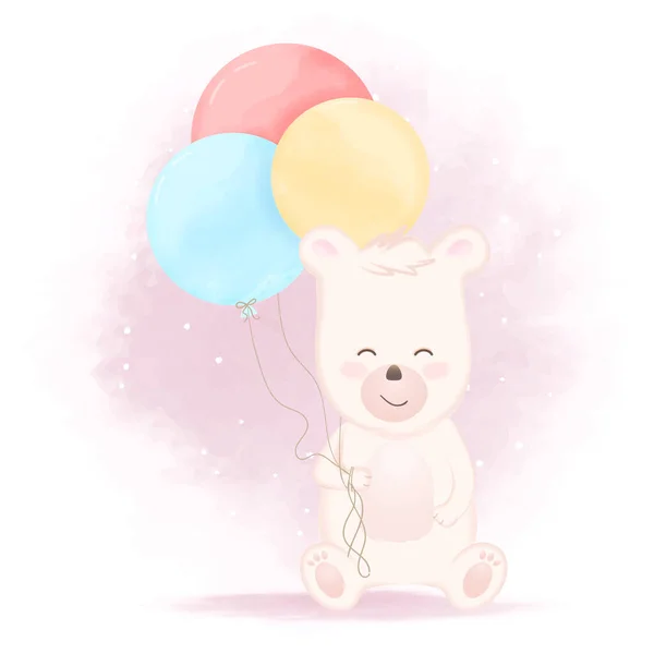 Urso Bonito Com Mão Balão Desenhado Desenho Animado Ilustração — Vetor de Stock