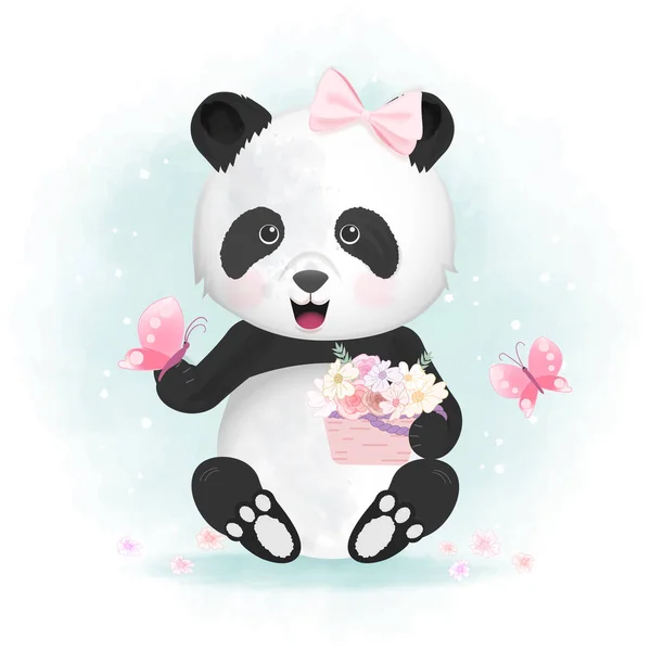 Söt Panda Med Fjäril Och Blomma Korg Handritad Djur Akvarell — Stock vektor