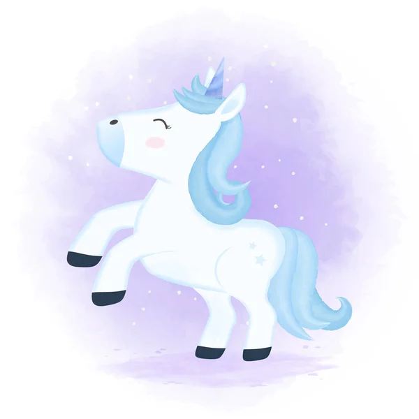 Carino Unicorno Disegnato Mano Cartone Animato Animale Acquerello Illustrazione — Vettoriale Stock