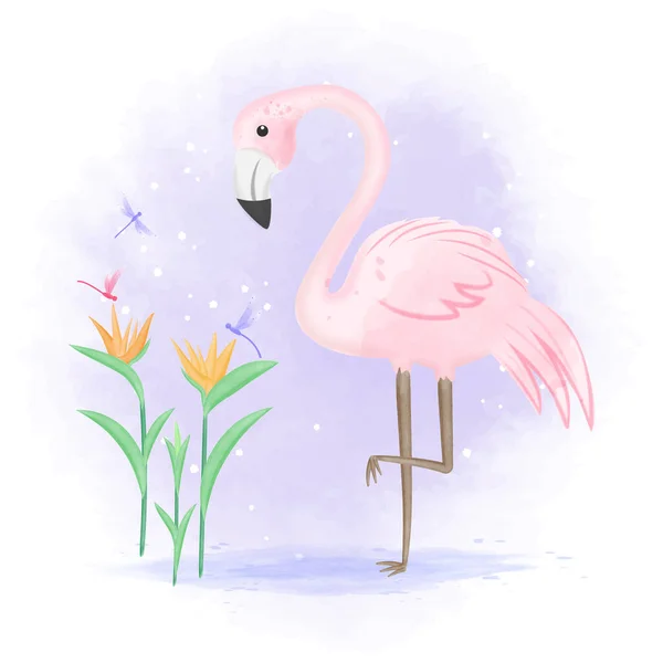 Фламинго Стрекозой Райской Птицей Цветок Растение Ручной Работы Иллюстрация — стоковый вектор