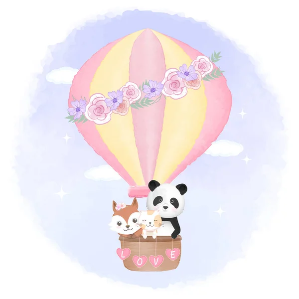 Roztomilý Liška Kočka Panda Plovoucí Horkovzdušný Balón Ručně Kreslené Kreslené — Stockový vektor