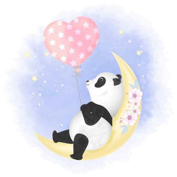 Cute panda with balloon on the crescent moon hand drawn cartoon watercolor illustration