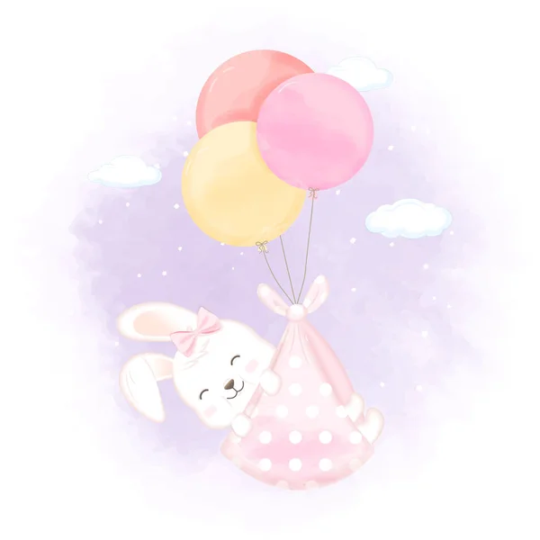 かわいい赤ちゃんウサギと風船手描きの新生児漫画イラスト — ストックベクタ