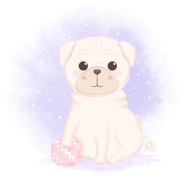 Cute Pug Dan Bola Gambar Tangan Kartun Anjing Ilustrasi - Stok Vektor