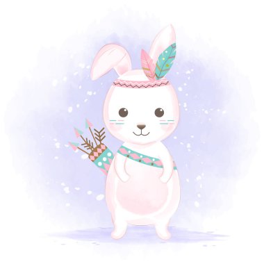 Tüyleri olan sevimli kabile tavşanı el çizimi hayvan karikatürü resimli suluboya arka plan