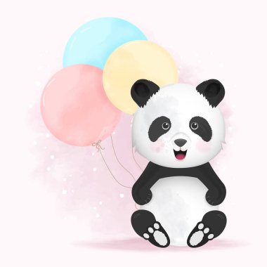 Balonla çizilmiş şirin panda pembe suluboya üzerine hayvan çizgi filmi çizimi