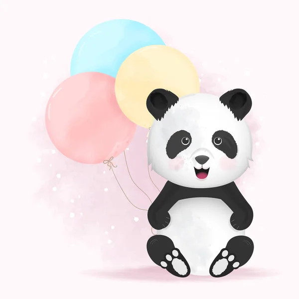 Leuke Panda Met Ballon Hand Getekend Dier Cartoon Illustratie Roze — Stockvector