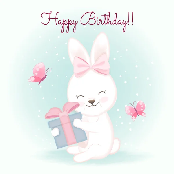 Birthday card with rabbit and gift, hand drawn cartoon watercolor illustration