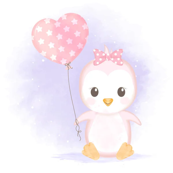 Schattige Baby Pinguïn Met Ballon Hand Getekend Cartoon Aquarel Illustratie — Stockvector