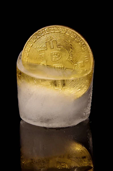 Bitcoin dorado congelado en el hielo como concepto de restricciones —  Fotos de Stock
