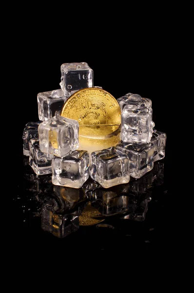 Bitcoin dorado congelado en el hielo como concepto de restricciones —  Fotos de Stock