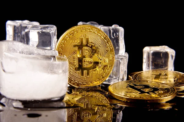 Bitcoin rodeado de cubitos de hielo como concepto de restricción —  Fotos de Stock