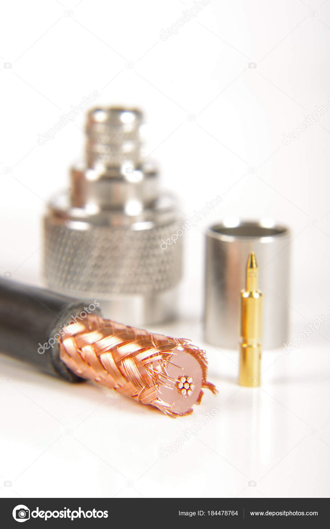 Coaxial cable connector assembly accessories isolated on the whi