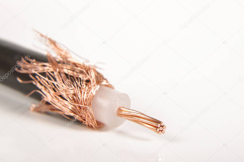 Coaxial cable macro close up isolated on the white background