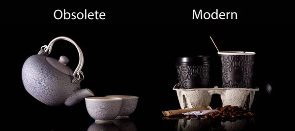 Comparaison de concept de nature morte café passé et présent — Photo