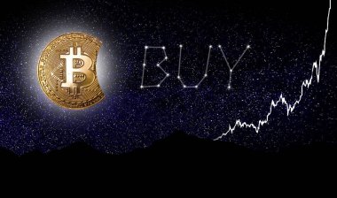 Bitcoin sembolü yıldızlı gece gökyüzünün önündeki altın ay olarak. Kripto para birimi gelecek kavramı