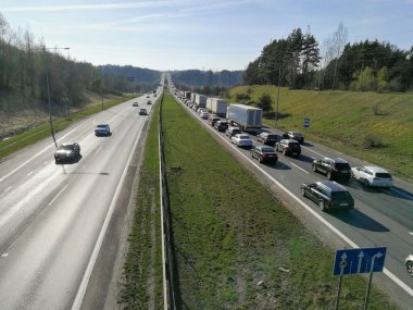 KAUNAS, LITHUANIA - MARCH 19, 2019: Traffic jam close to Kleboniskis forest bridge under construction