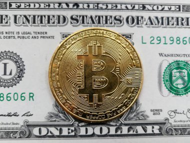 Dolar banknotunun önünde sembolik altın bitcoin BTC para