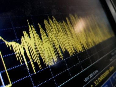 Wide band radio frequency signal spectrum on measurement equipment LCD screen clipart