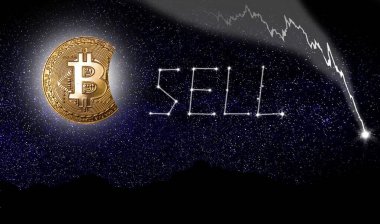 Bitcoin sembolü, altın ay ve sözcüklerle birleşerek yıldızlı gece gökyüzünün önünde tahmin edildiği gibi satılır.