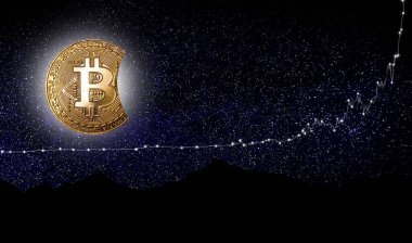 Bitcoin sembolü yıldızlı gece gökyüzünün önündeki altın ay olarak. Kripto para birimi gelecek kavramı