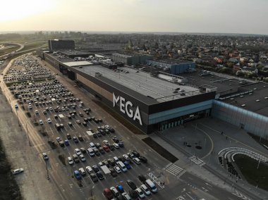 KAUNAS, LITHUANIA - 25 April 2019: Aerial view of Mega Supermarket in Kaunas, Silainiai