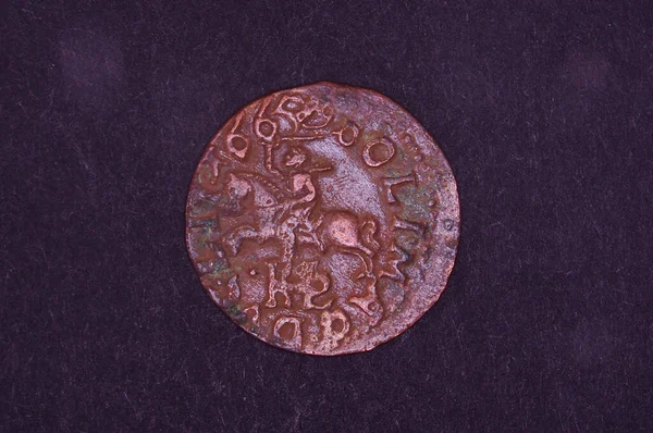 Old Grand Duchy Lithuania Copper Coin Shilling Silingas Isolated Black — Stock Photo, Image