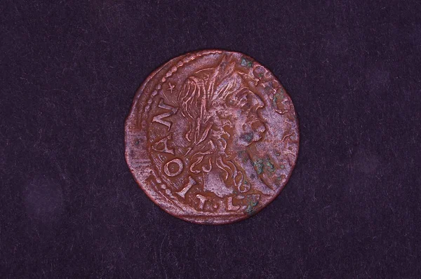 Old Grand Duchy Lithuania Copper Coin Shilling Silingas Isolated Black — Stock Photo, Image