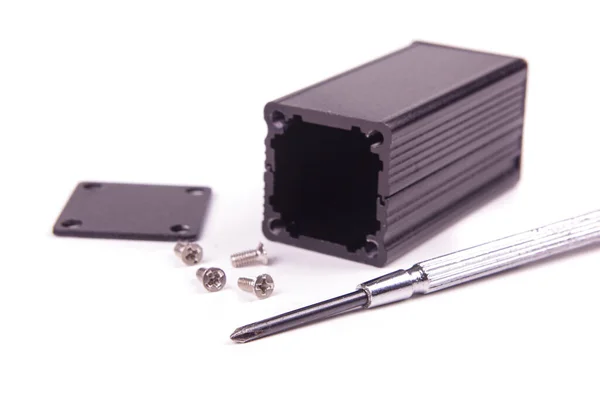 Caja Aluminio Negro Para Proyectos Electrónicos Blindaje Pcb — Foto de Stock