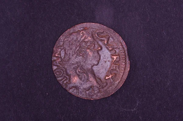 Old Grand Duchy Lithuania Copper Coin Shilling Silingas Isolated Black — Stock Photo, Image