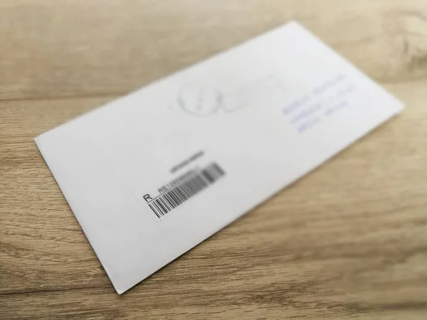 Registered Letter Envelope Registration Marks Stamps Wooden Floor — Stock Photo, Image