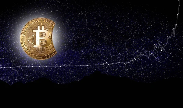 Bitcoin Sembolü Yıldızlı Gece Gökyüzünün Önündeki Altın Olarak Kripto Para — Stok fotoğraf