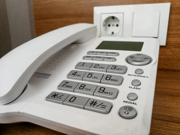 Landline Telephone Wooden Office Desk Communication Technology Concept — Stock Photo, Image