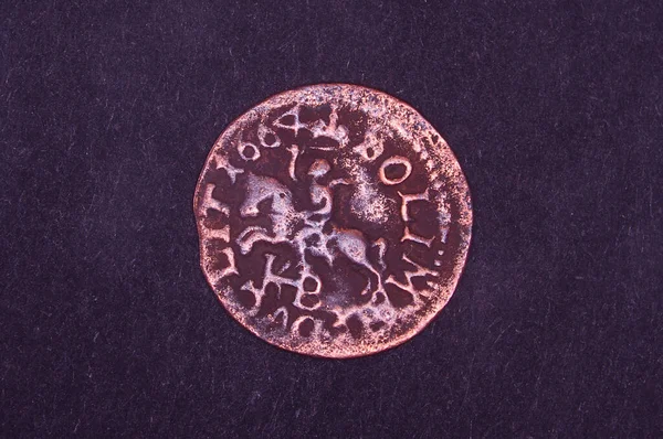 Old Grand Duchy Lithuania Copper Coin Shilling Silingas Isolated Black — Stock Photo, Image