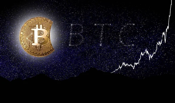 Bitcoin Symbool Als Een Gouden Maan Voorkant Van Sterrenhemel Cryptogeld Stockfoto