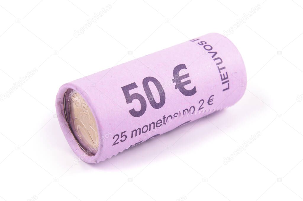 2 Euro coins bank rolls isolated on the white background