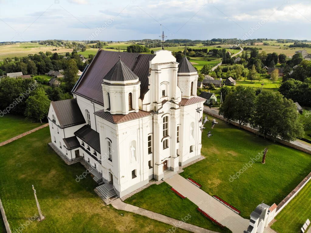 Kraziai church of st Mary of immaculate conception aerial photography from drone in Kraziai, Lithuania