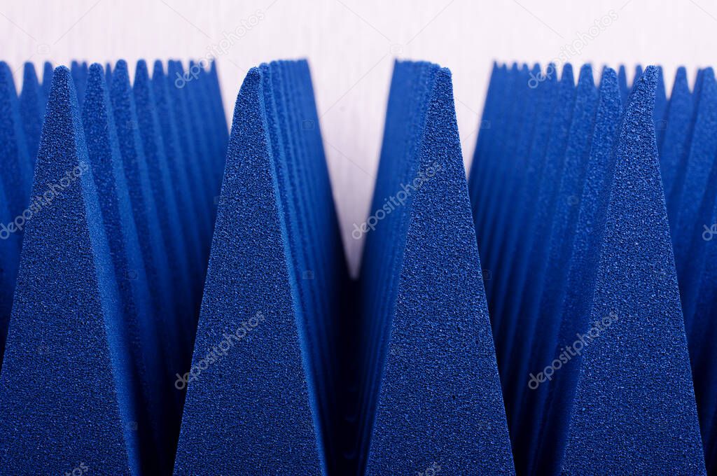 Blue soft hybrid pyramidal microwave and radio frequency absorbers close up