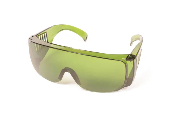 Safety Green Glasses Protection Laser Radiation Isolated White Background — Stock Photo, Image