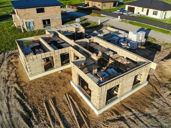 Trabajos Ladrillo Curso Sitio Construcción Casa Bloques Cerámica Construcción —  Fotos de Stock