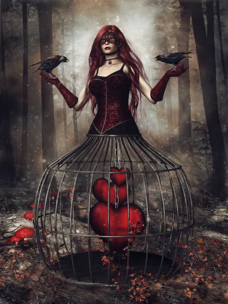 Fantasy girl with ravens and hearts — Stock Photo, Image