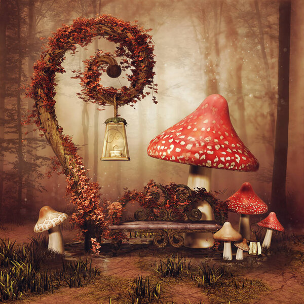 Autumnal fairytale scenery with a bench, lamp and big mushrooms