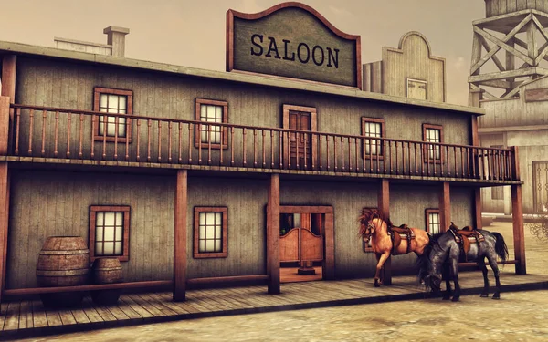 Wild West saloon e cavalos — Fotografia de Stock