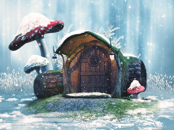 Casa de campo de inverno e cogumelos — Fotografia de Stock