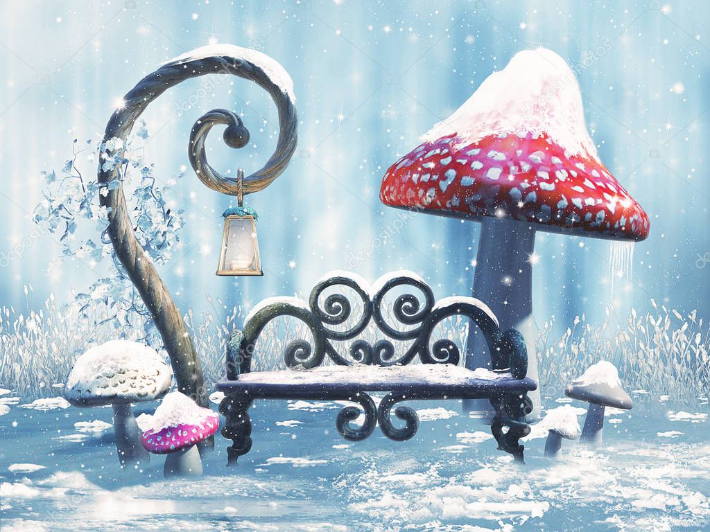 Fantasy winter bench and mushrooms