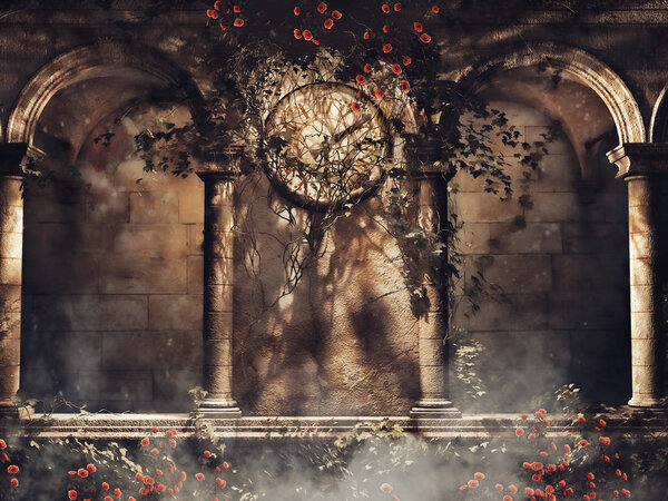 Vintage gothic arches with vines, roses, and an old clock