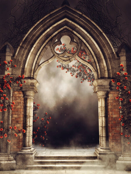 Old vintage arch with colorful rose vines and fog