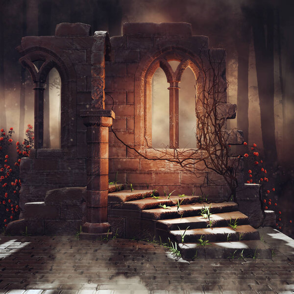 Dark scenery with old ruins and rose vines in a dark forest